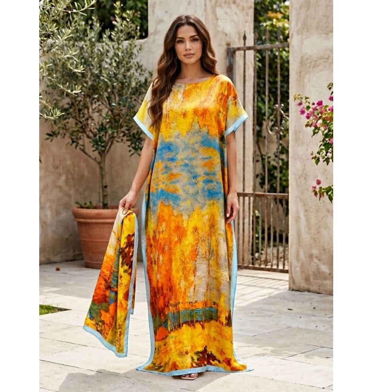 Moomoo Dresses for Women, Bohemian Printed Long Dress and Scarf Set Beach Vacation Matching Outfit