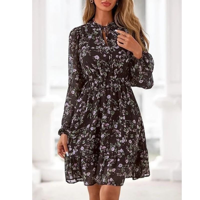 Womens Floral V-Neck Mini Dress - Long Sleeve Boho Flowy Dress