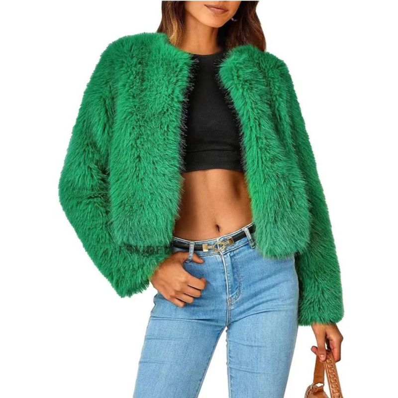 Womens Cropped Faux Fur Jacket, Fluffy Shaggy Long Sleeve Short Coat