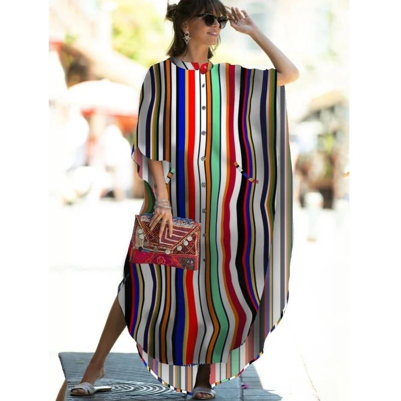 Moomoo Dresses for Women, Plus Size Ethnic Print Kaftan Dress, Mrs Roper Bubu Mumu Boho V Neck 3 Quarter Sleeve Tunic