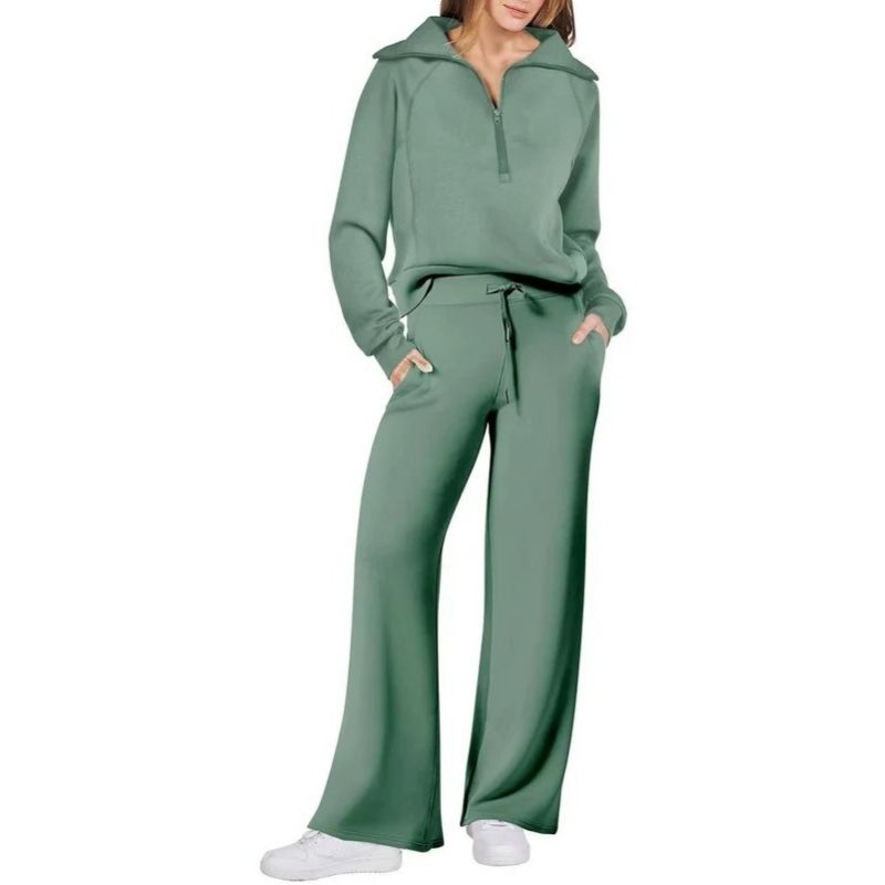 Womens 2 Piece Outfits, Casual Lapel Half Zip Sweatshirt and Wide Leg Pants Tracksuit Set