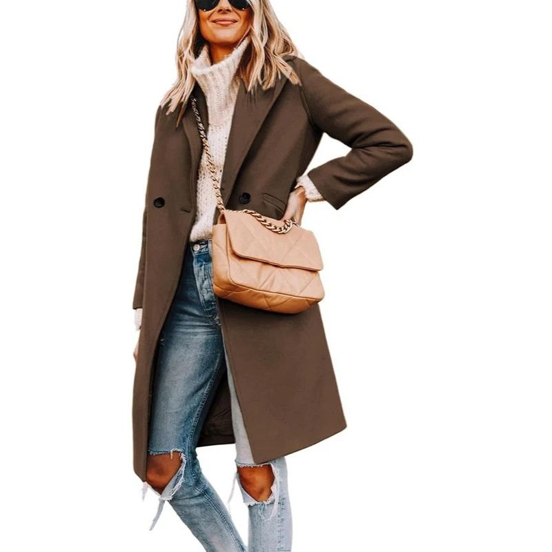 Womens Wool Peacoat, Double Breasted Coat with Notch Lapel