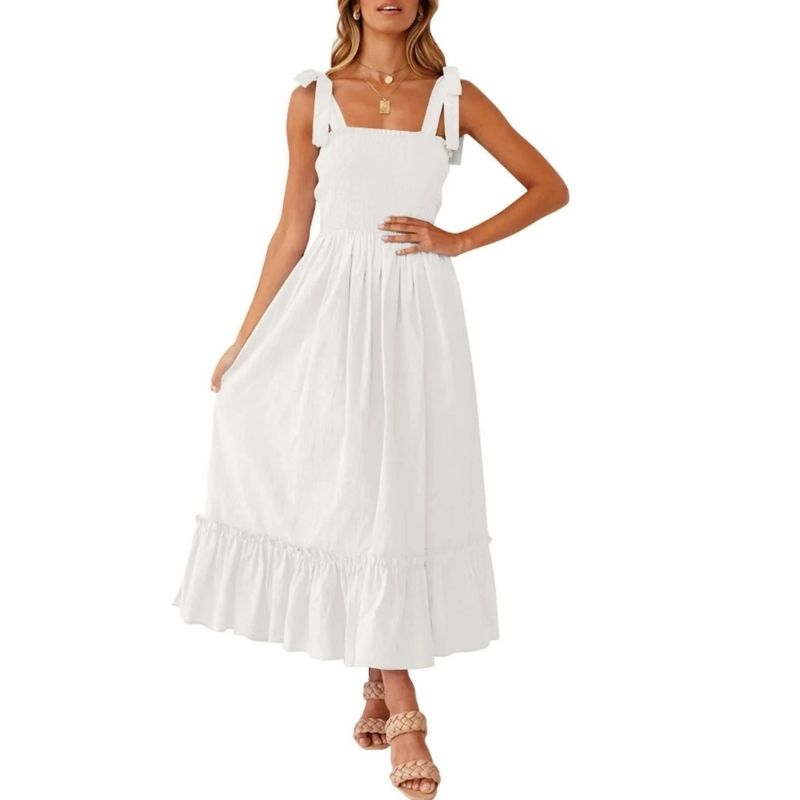 Womens Boho Maxi Dress, Square Neck Spaghetti Strap Ruffle a Line Beach Dress