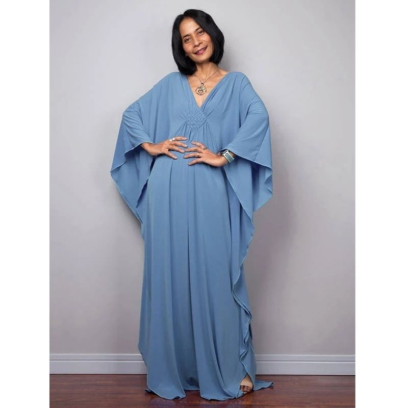 Moomoo Dresses for Women, Plus Size V Neck Long Batwing Sleeve Floral Beach Cover Up Dress