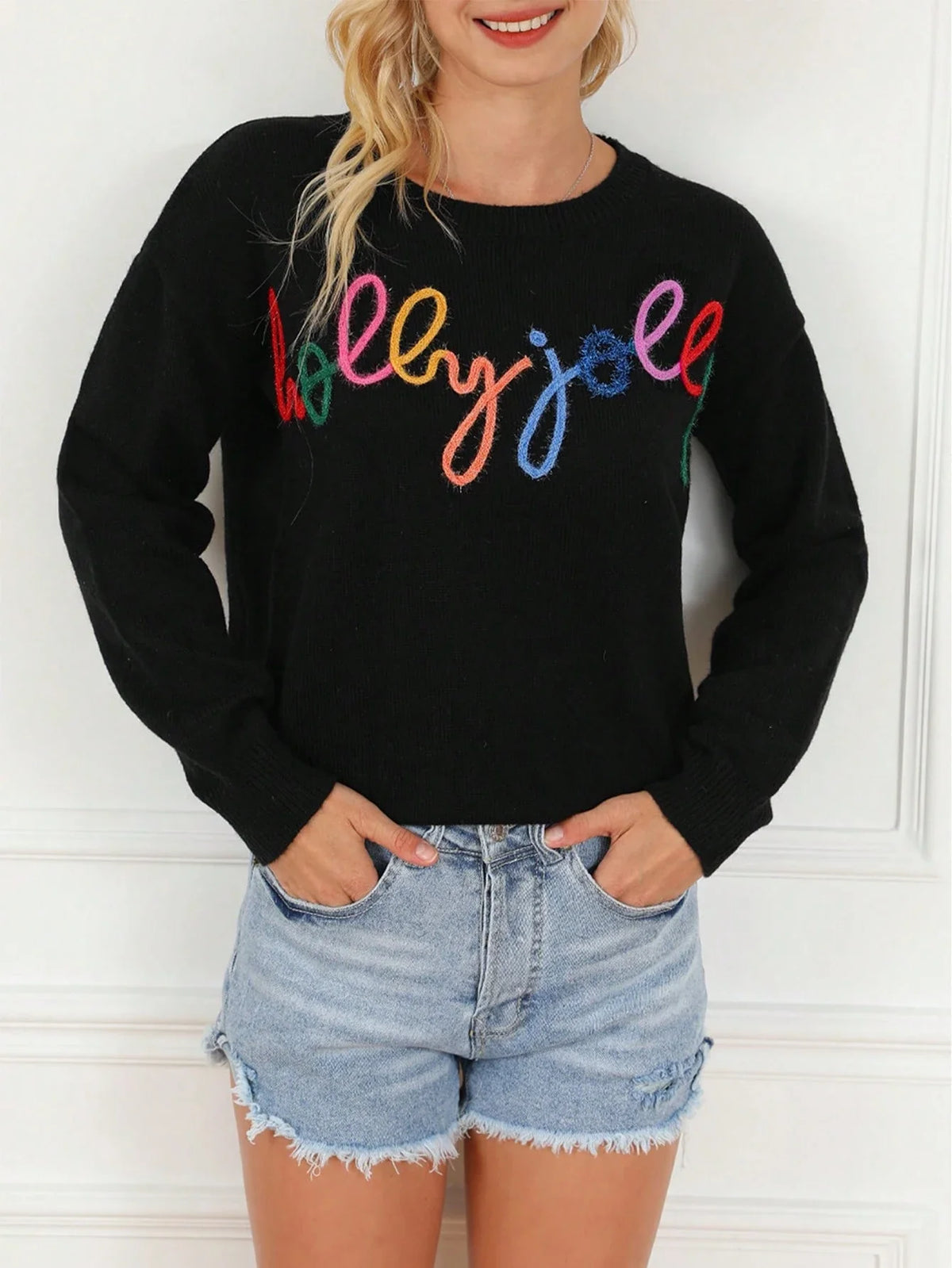 Womens Black Rib Knit Pullover with Eyelet Embroidery, Drop Shoulder Sleeves