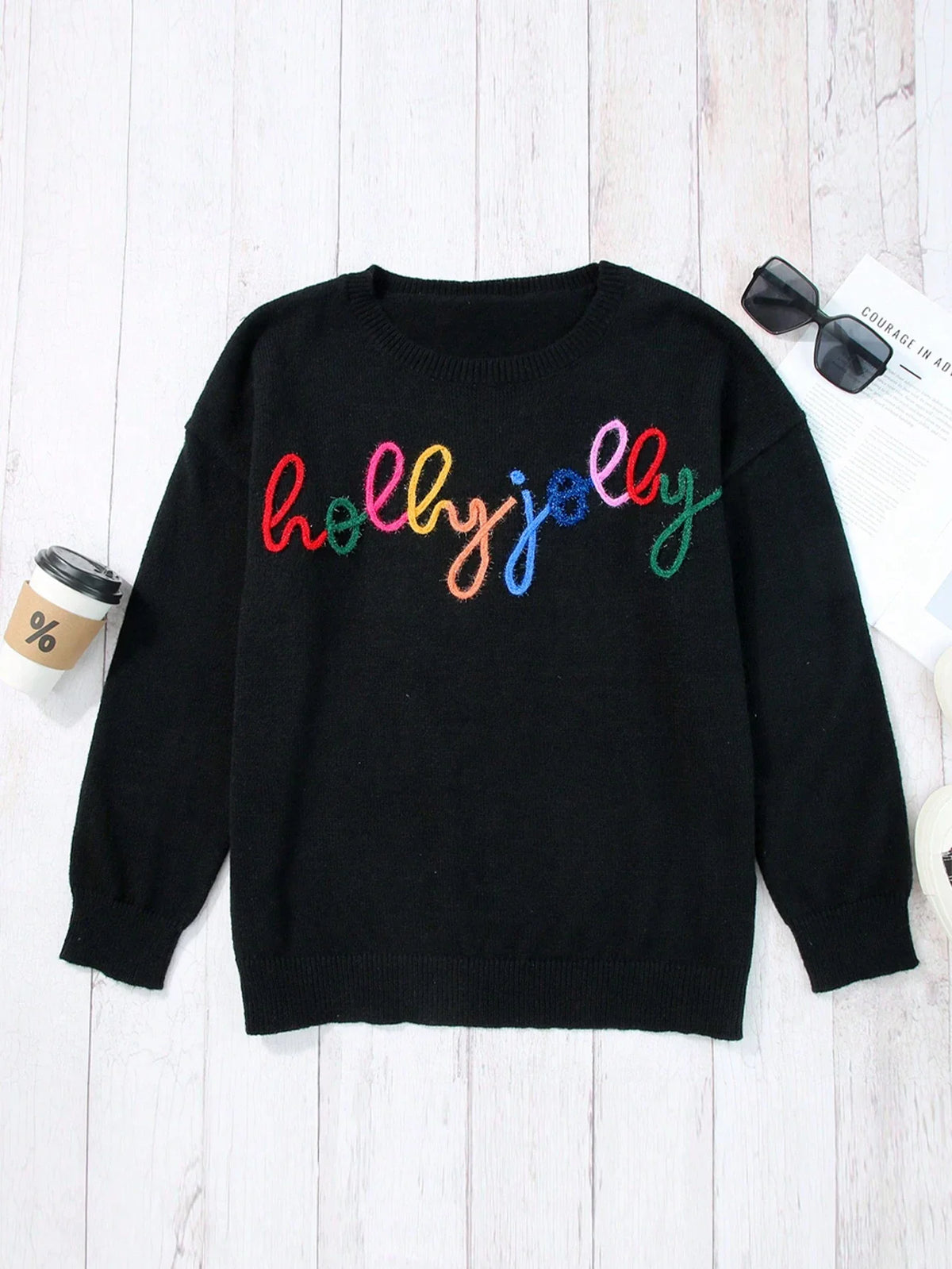 Womens Black Rib Knit Pullover with Eyelet Embroidery, Drop Shoulder Sleeves