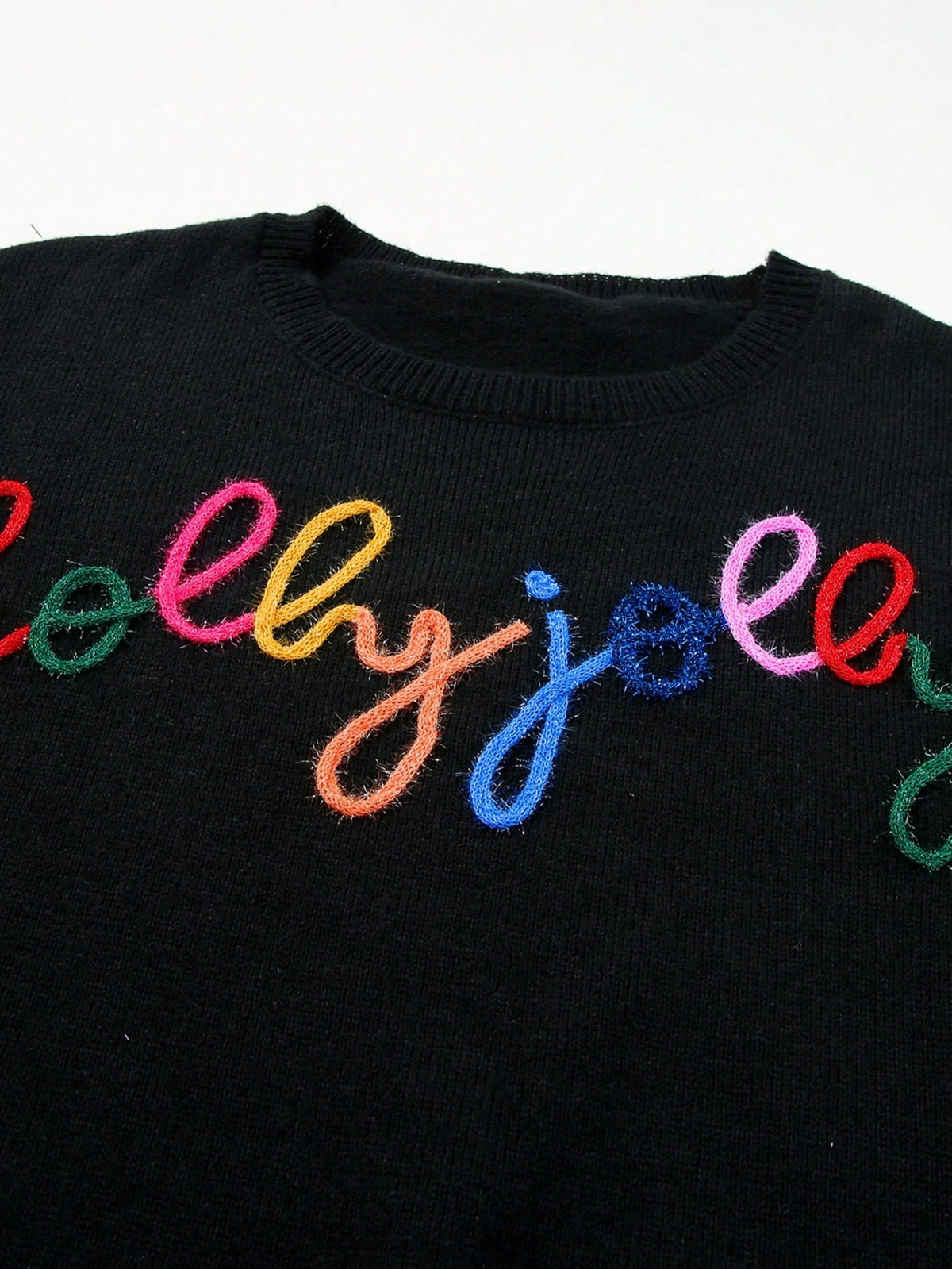Womens Black Rib Knit Pullover with Eyelet Embroidery, Drop Shoulder Sleeves