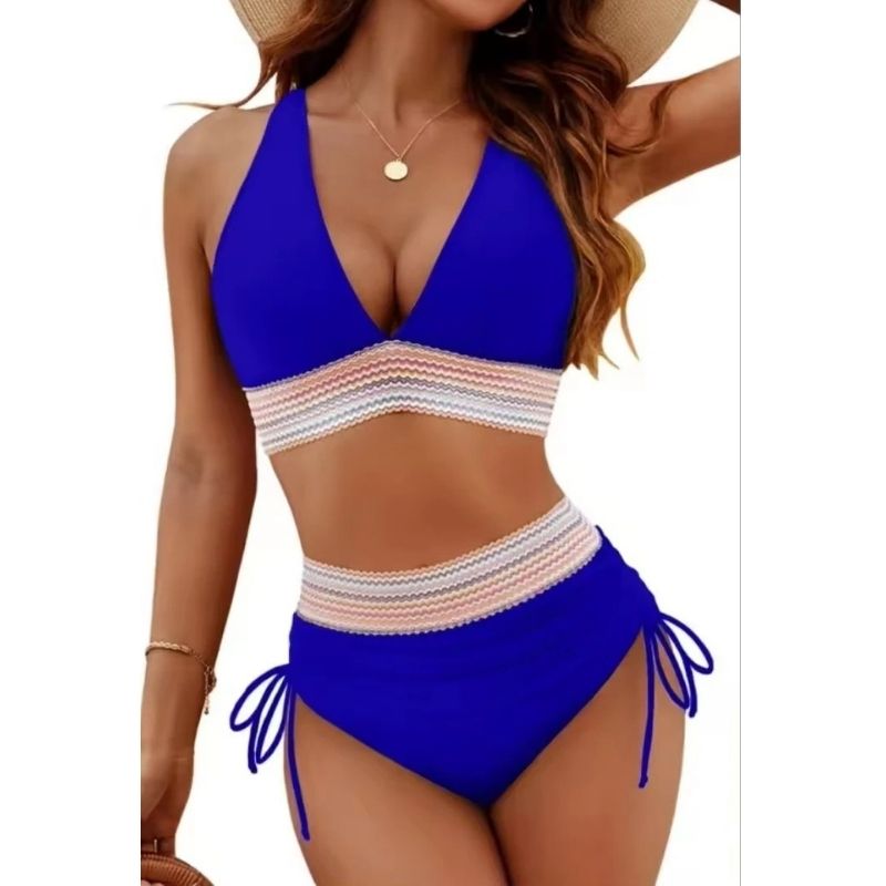 Womens High Waisted Bikini, Chevron Textured Trim Two Pieces Swimsuit, Ruched Drawstring Bathing Suit