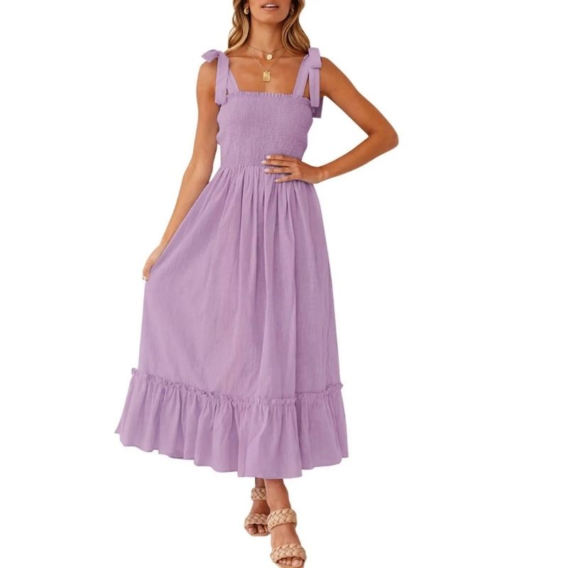 Womens Boho Maxi Dress, Square Neck Spaghetti Strap Ruffle a Line Beach Dress