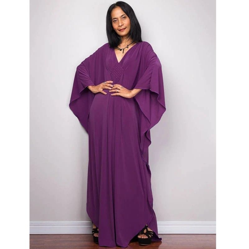 Moomoo Dresses for Women, Plus Size V Neck Long Batwing Sleeve Floral Beach Cover Up Dress