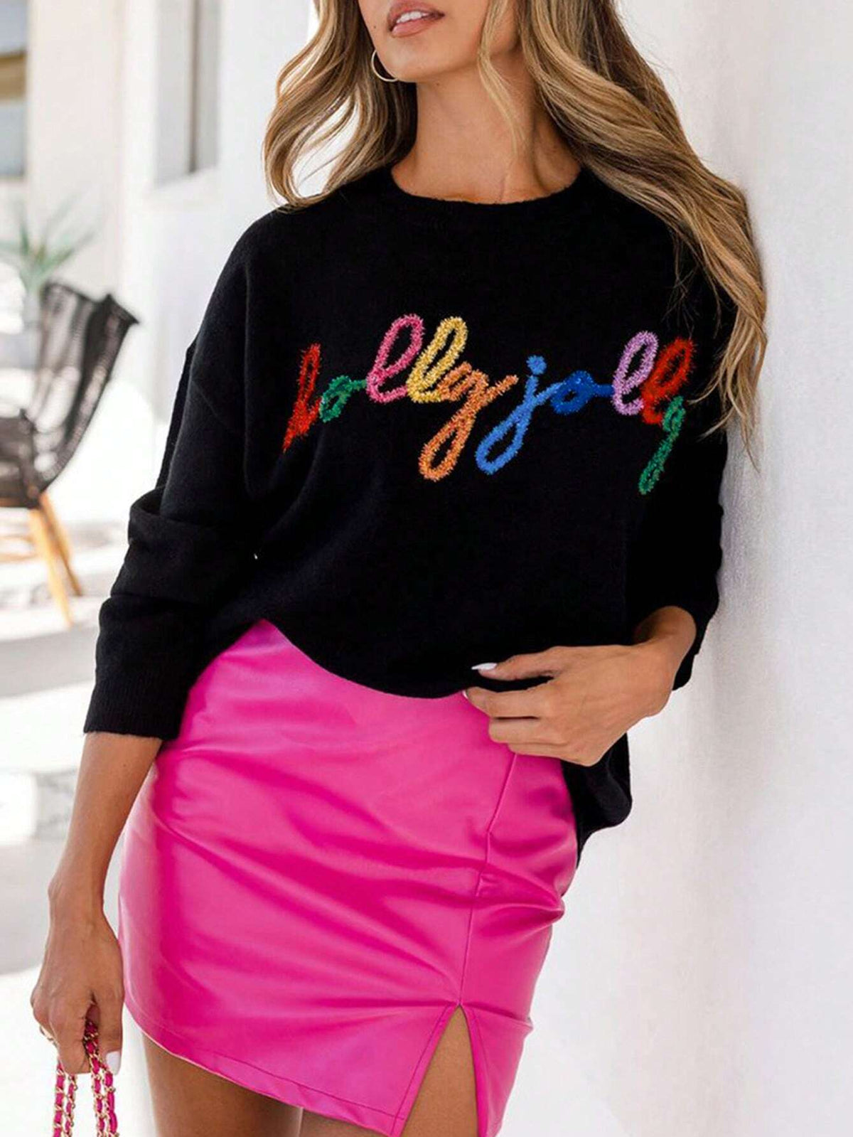 Womens Black Rib Knit Pullover with Eyelet Embroidery, Drop Shoulder Sleeves