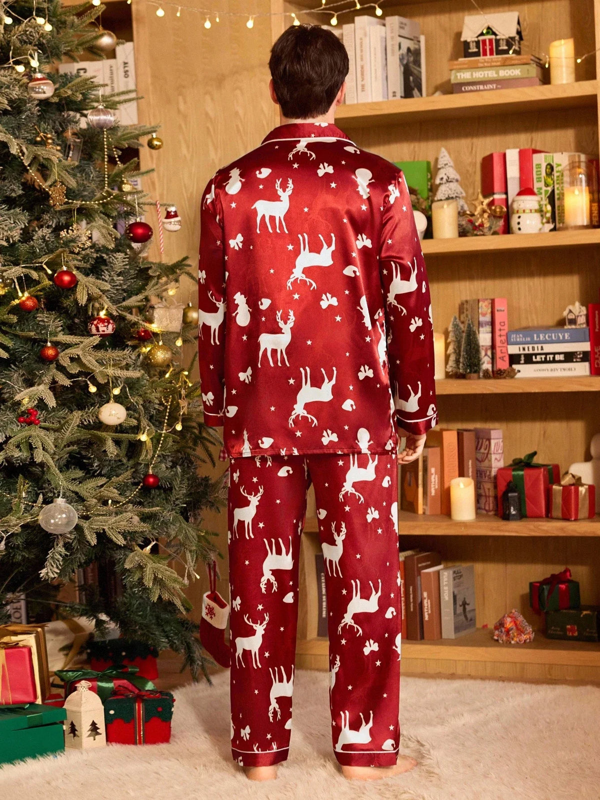 Two Piece Satin Pajama Set with Lapel Collar and Chest Pocket, Burgundy