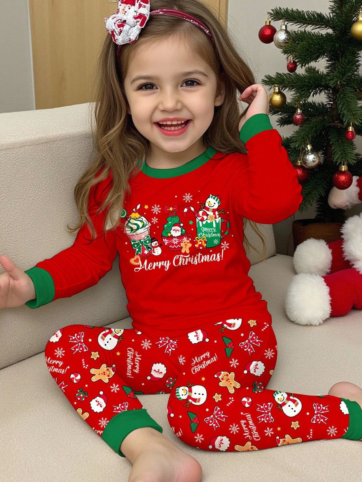 Childrens Two Piece Pajama Set with Thermal Lining and Christmas Graphics