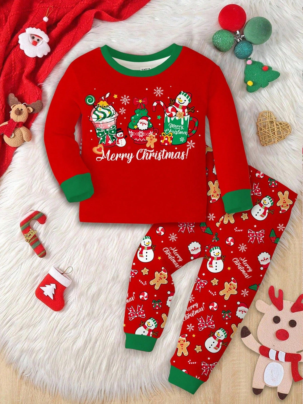 Childrens Two Piece Pajama Set with Thermal Lining and Christmas Graphics