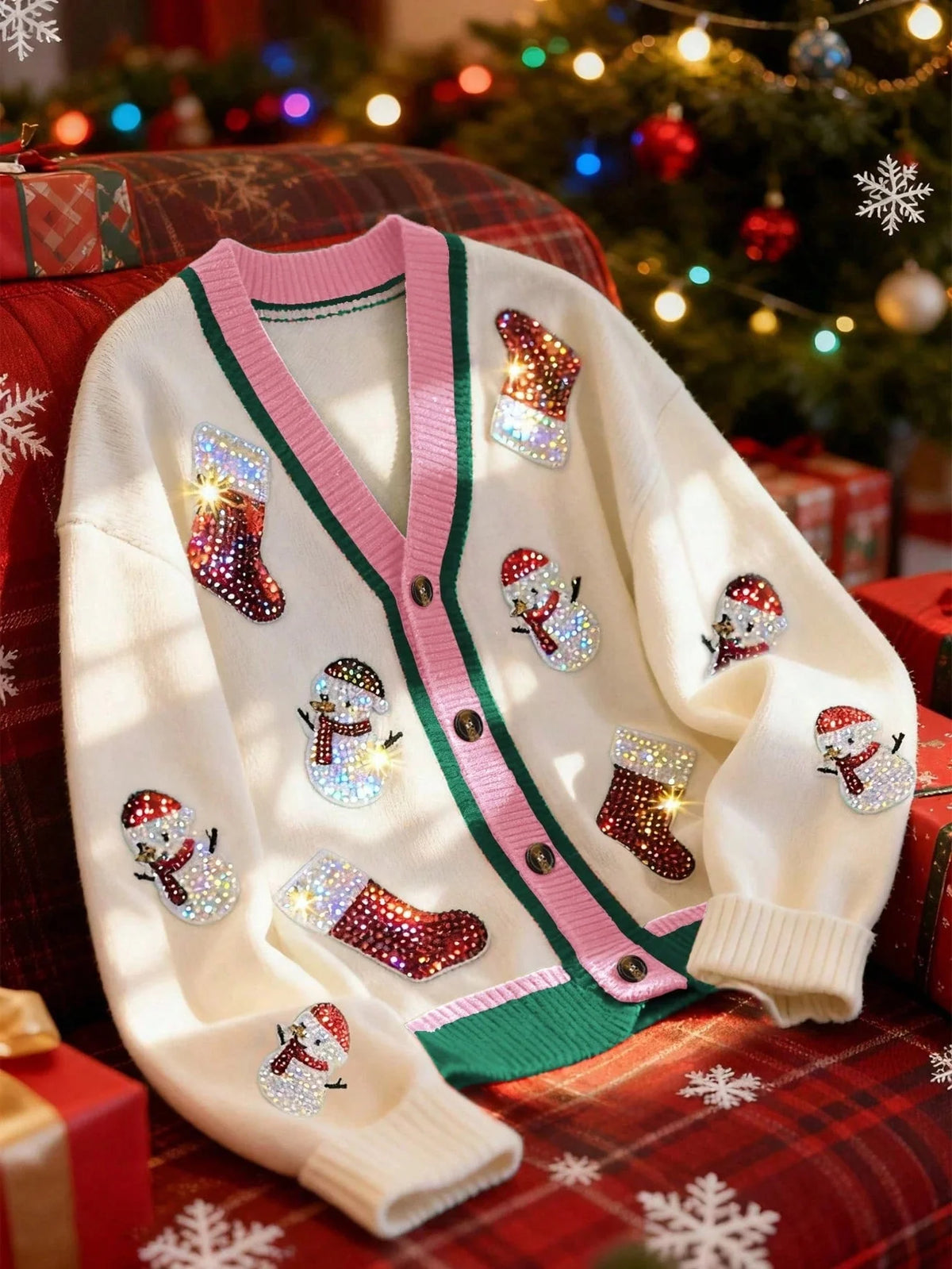 Christmas Cardigan with V-Neck and Drop Shoulder, Multicolor Knit
