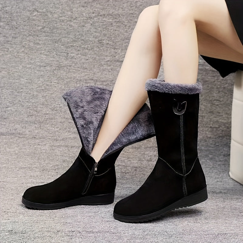 Mid Calf Winter Boots with Anti Slip Sole and Plush Lining, Slip On