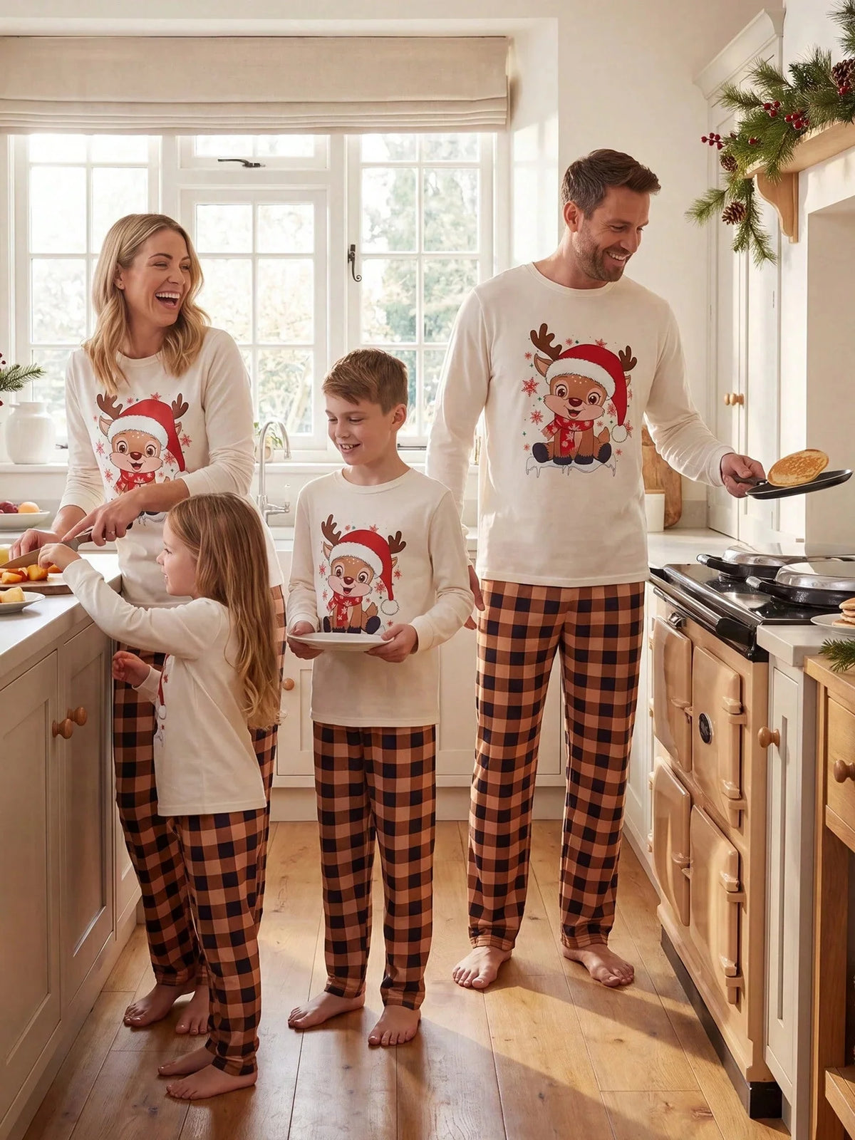 Fuzzy Beige Lounge Set with Christmas Pattern and Long Sleeves