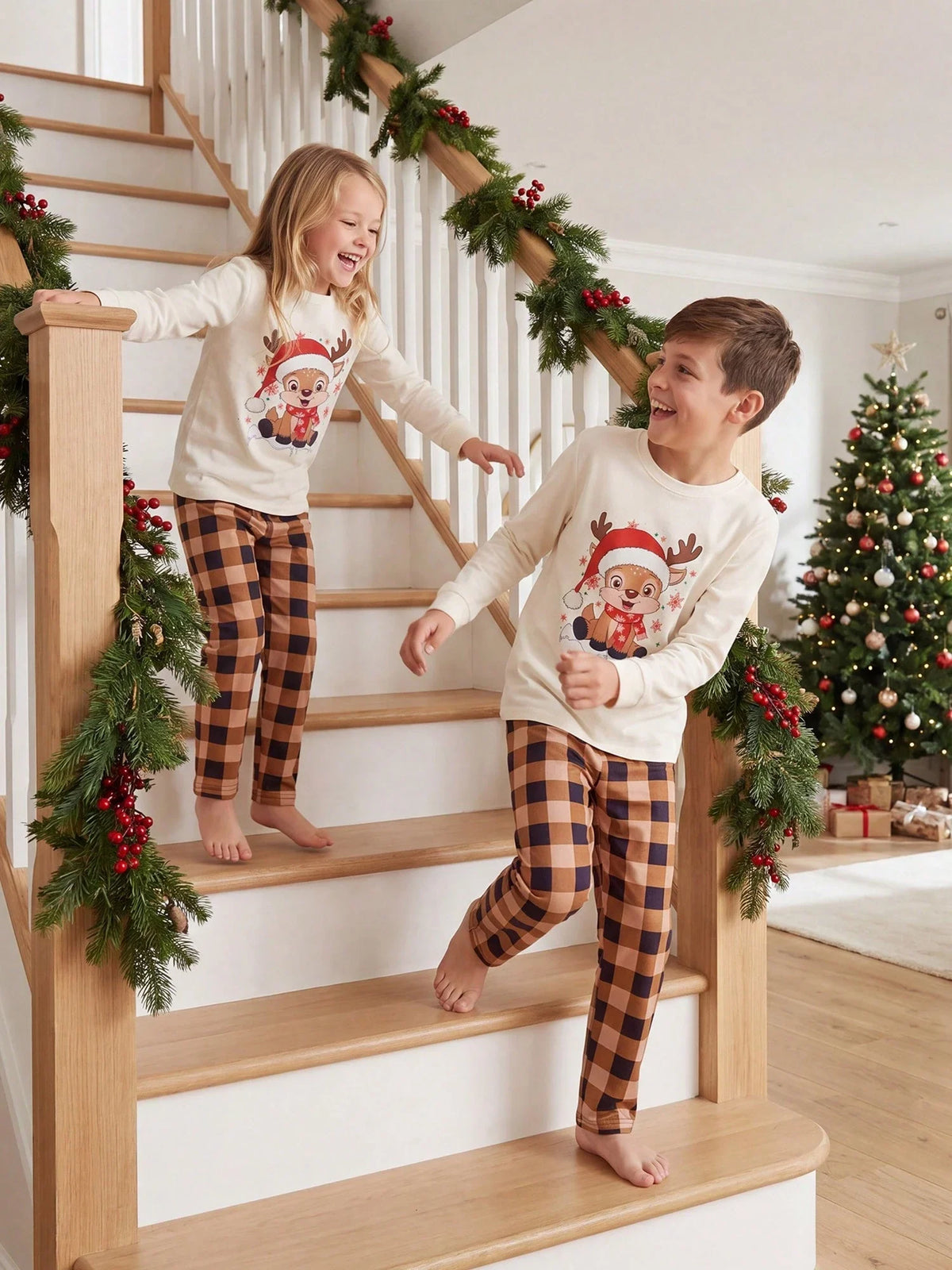 Fuzzy Beige Lounge Set with Christmas Pattern and Long Sleeves