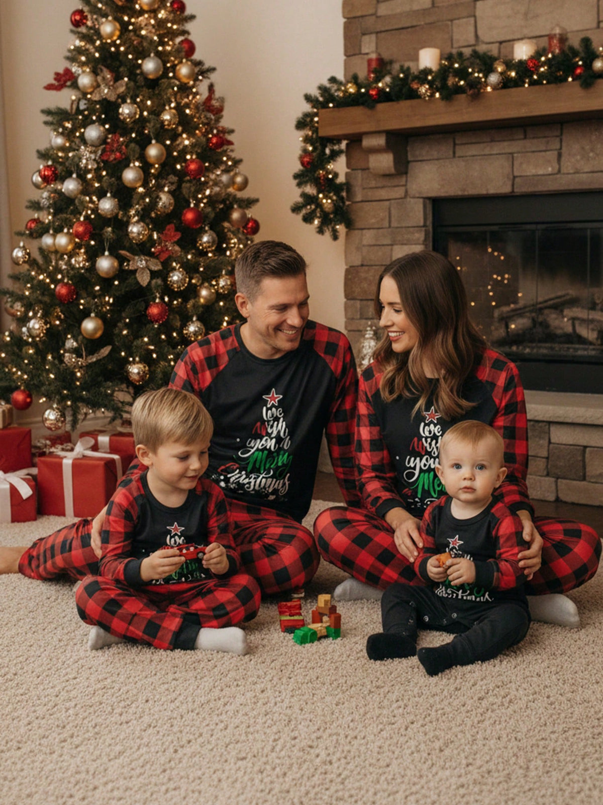 Kids Christmas Pajama Set with Long Sleeves and Plaid Pants, Red Black