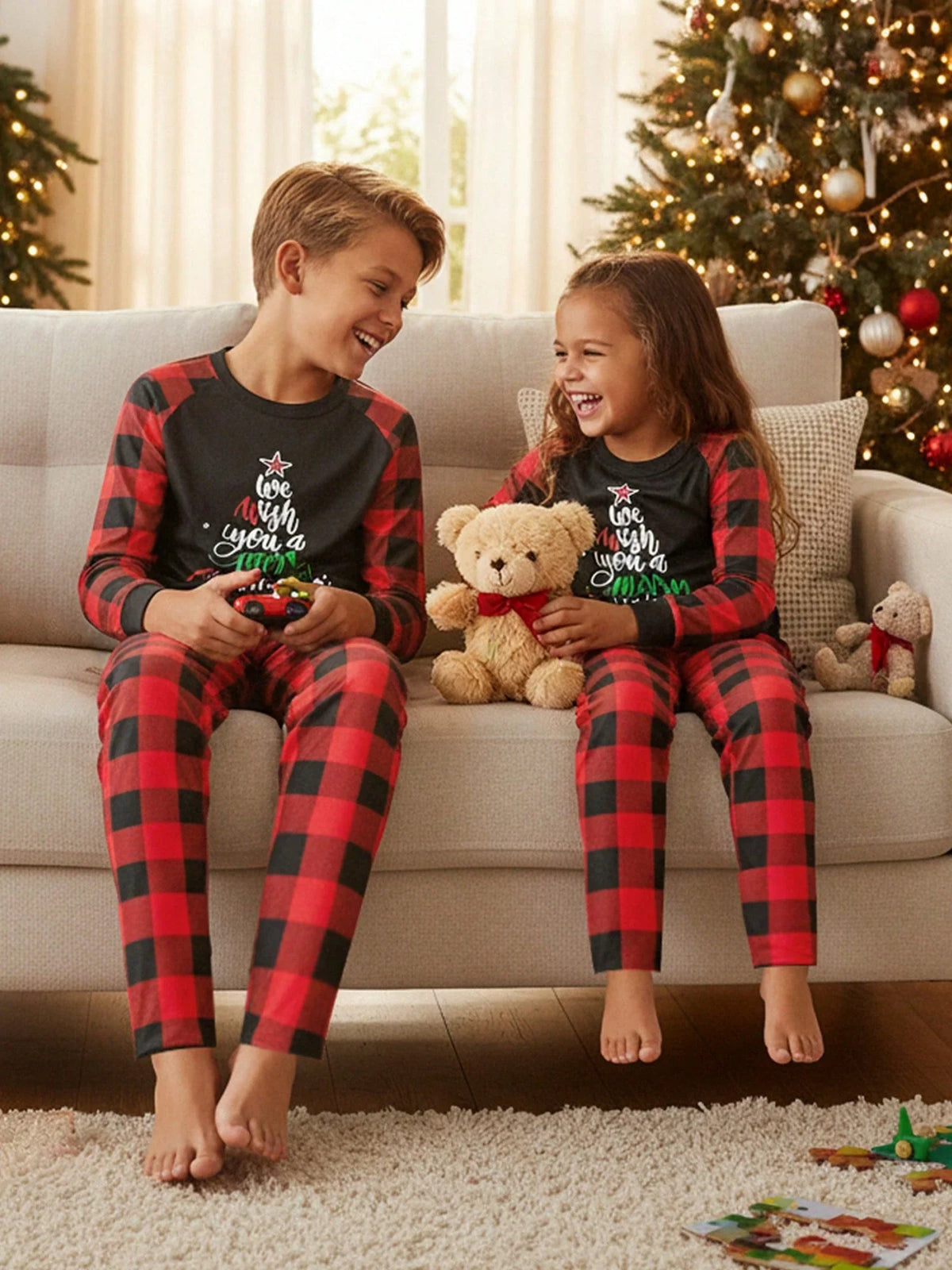 Kids Christmas Pajama Set with Long Sleeves and Plaid Pants, Red Black