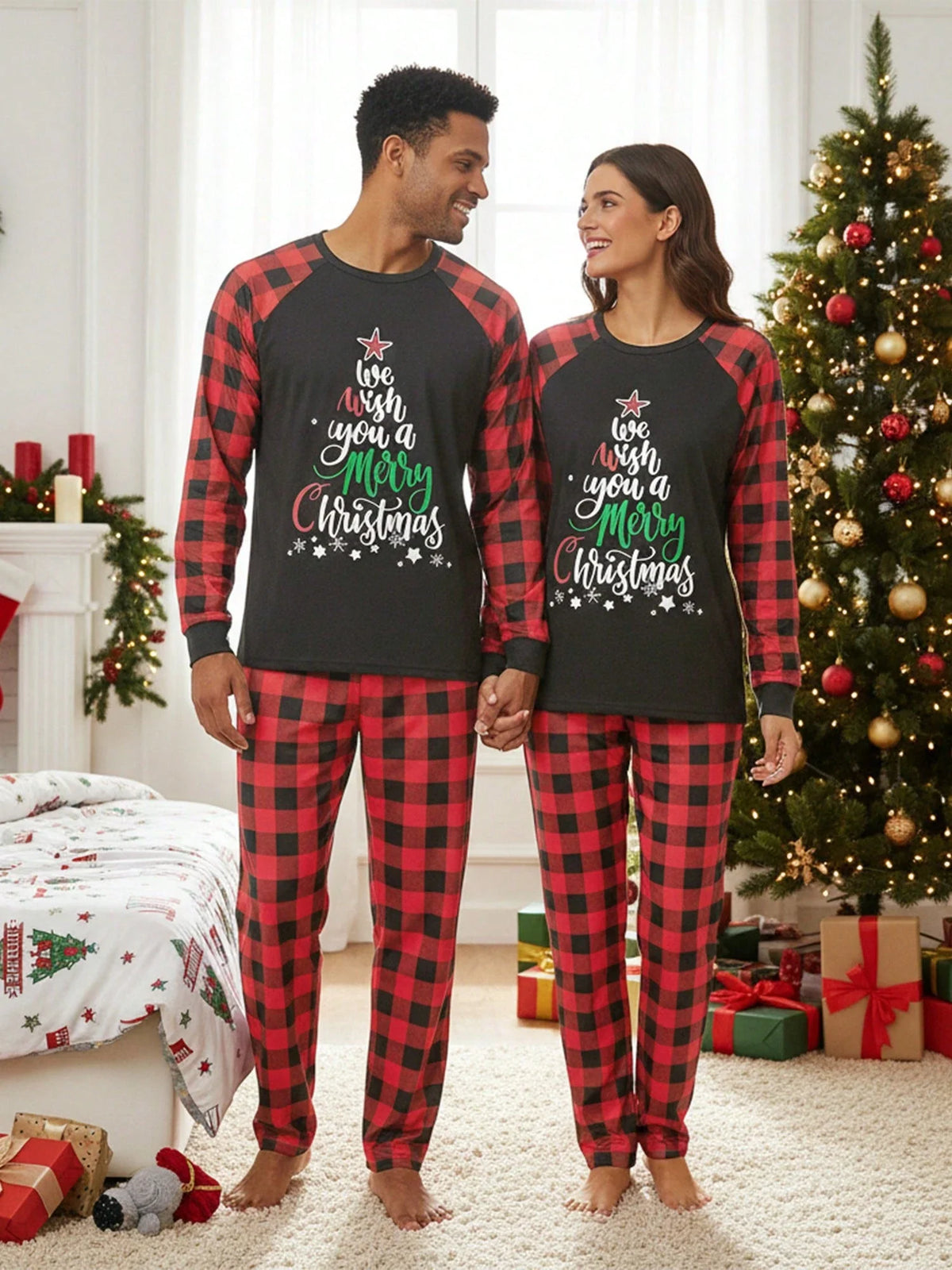 Kids Christmas Pajama Set with Long Sleeves and Plaid Pants, Red Black