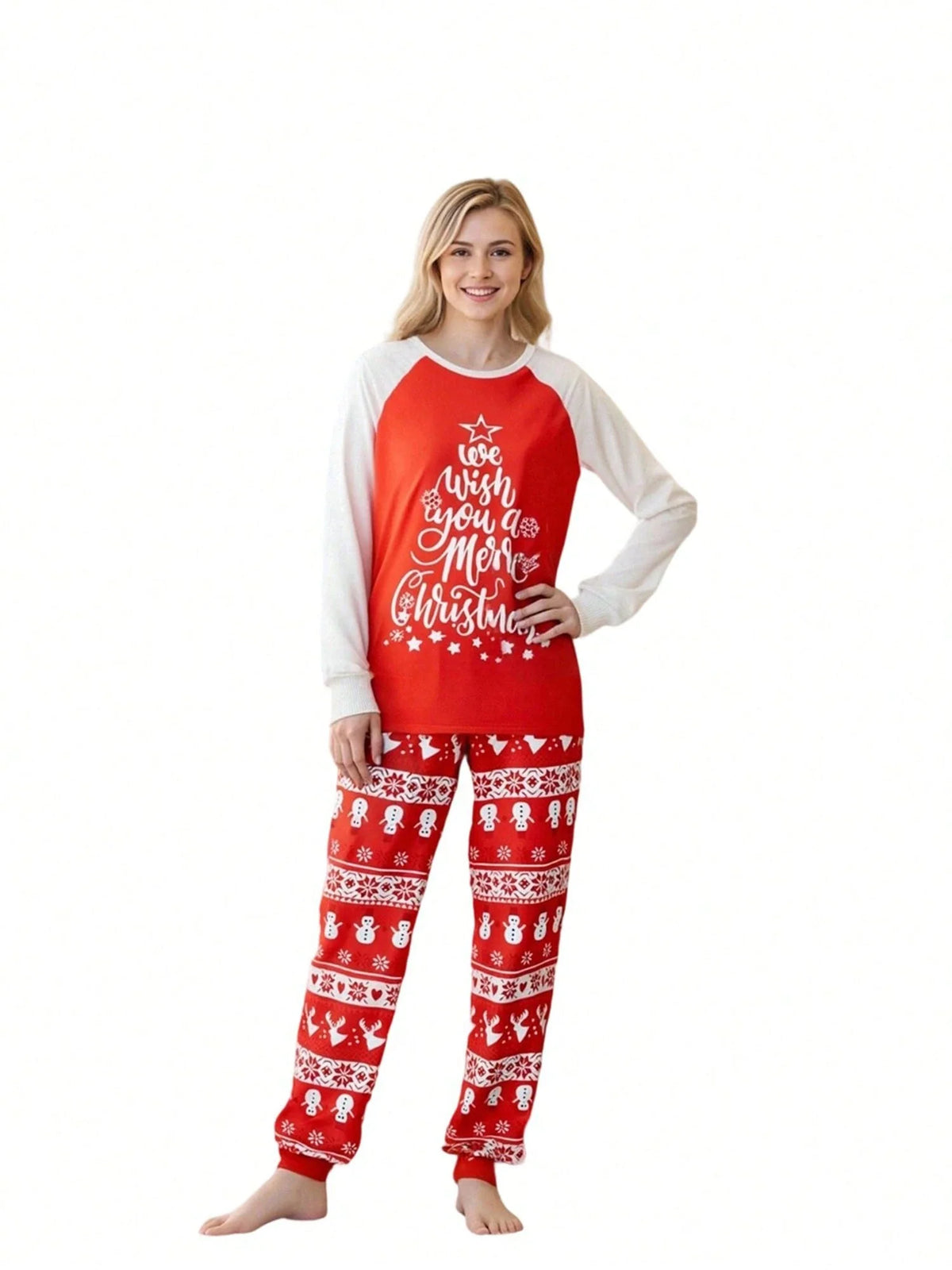 Red Christmas Pajama Set with Long Sleeves and Side Pockets