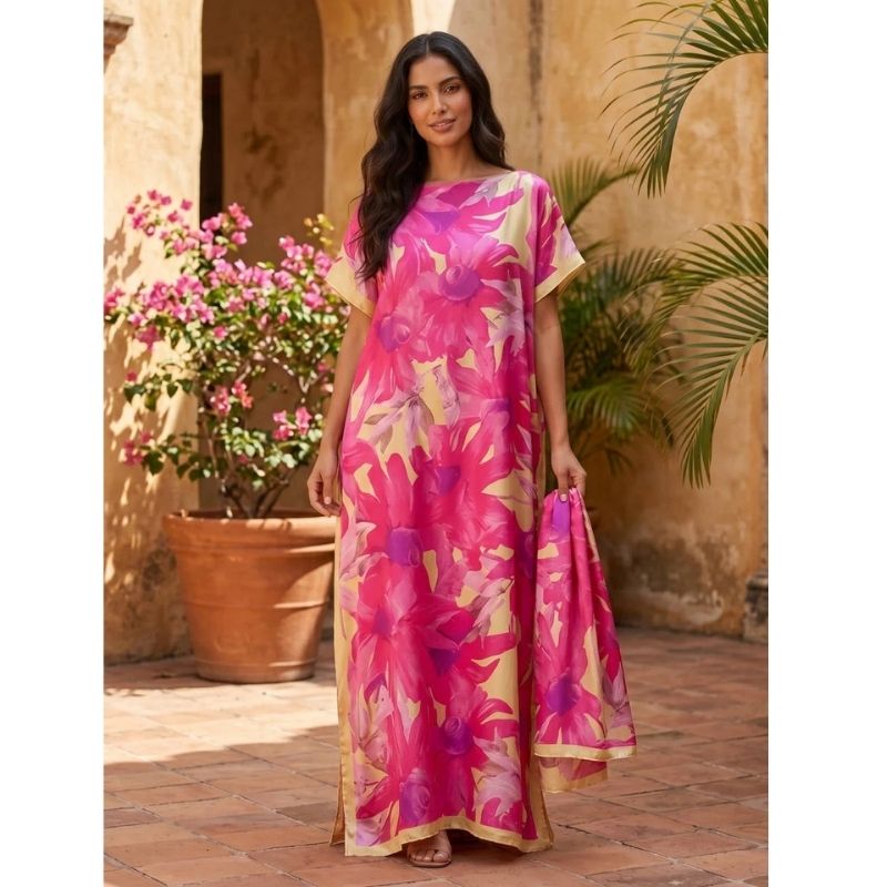 Moomoo Dresses for Women, Bohemian Printed Long Dress and Scarf Set Beach Vacation Matching Outfit