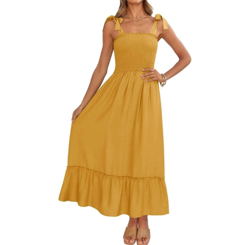 Womens Boho Maxi Dress, Square Neck Spaghetti Strap Ruffle a Line Beach Dress