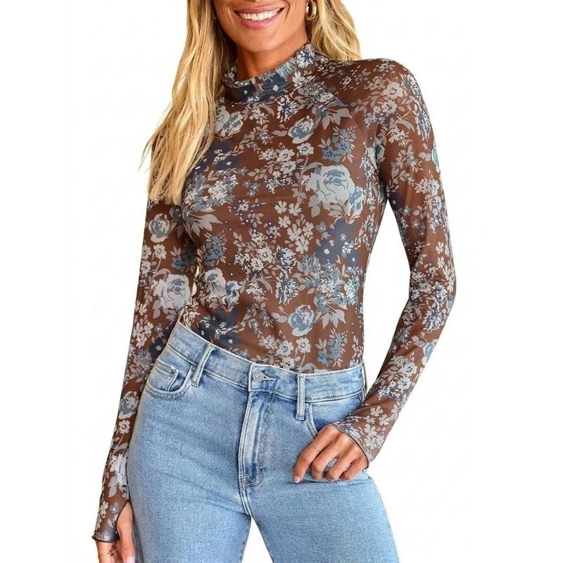 Womens Floral Lace Sheer Mesh Top - Slim Fit Lightweight Long Sleeve Top
