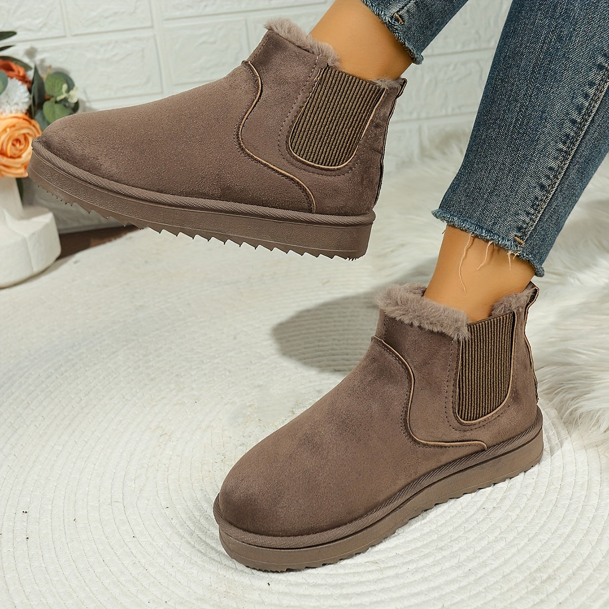 Platform Ankle Boots with Elastic Side Panels and Plush Lining, Textured Grip Sole