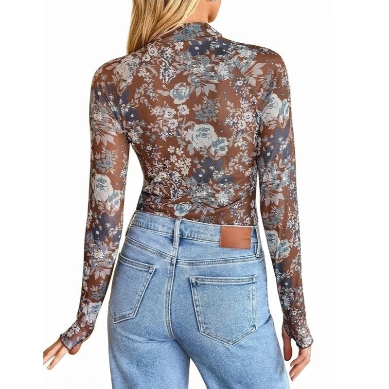 Womens Floral Lace Sheer Mesh Top - Slim Fit Lightweight Long Sleeve Top