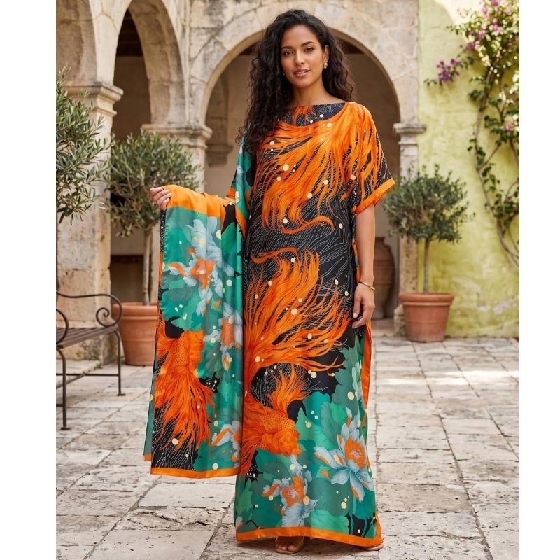 Moomoo Dresses for Women, Bohemian Printed Long Dress and Scarf Set Beach Vacation Matching Outfit