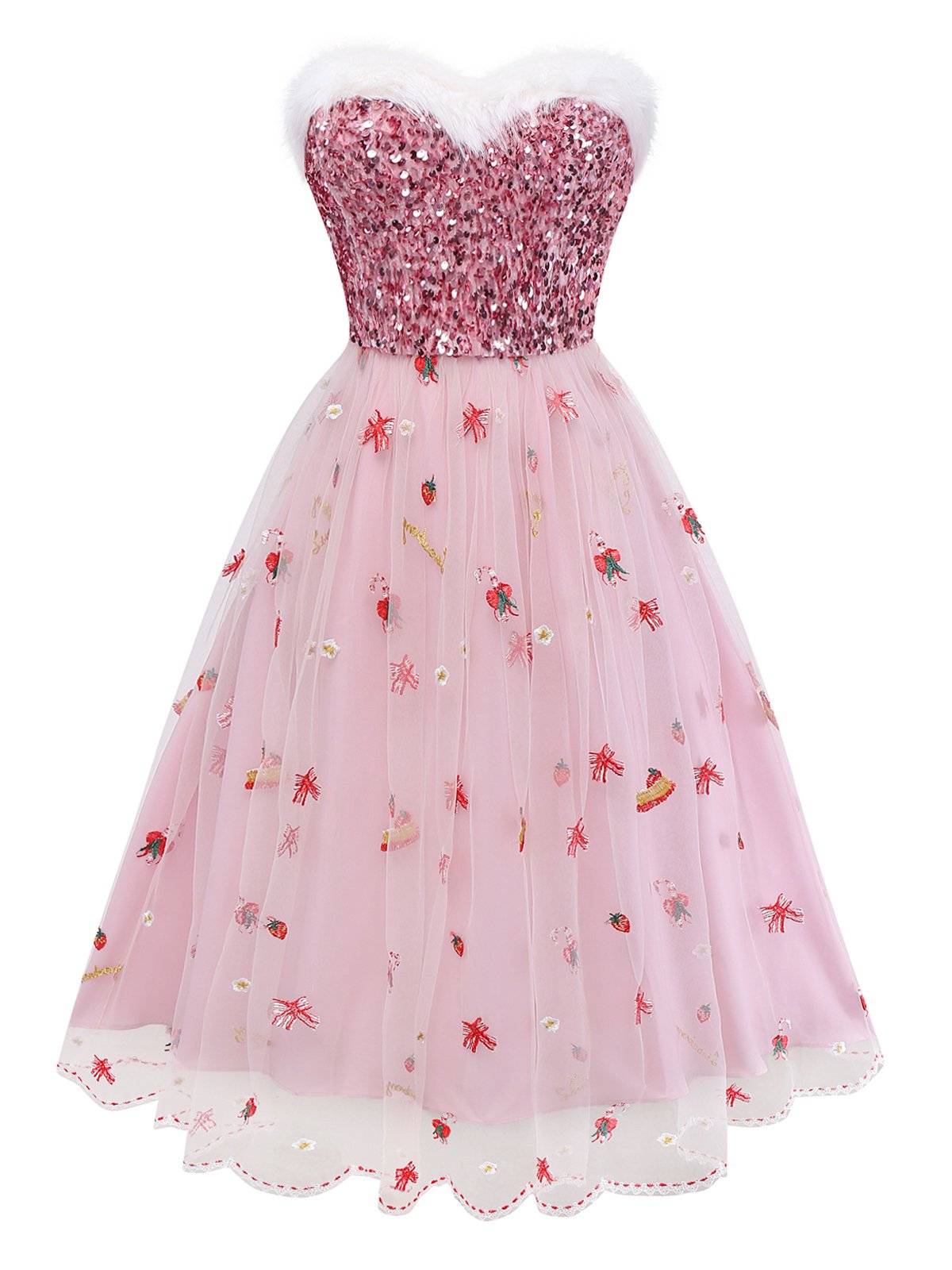 Pink 1950s Christmas Furry Strapless Sequined Mesh Dress - vintage dress, retro fashion, rockabilly