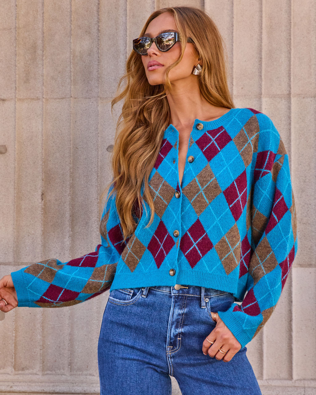 Argyle Pattern Cardigan with Brushed Knit and Button Front, Ribbed Trim