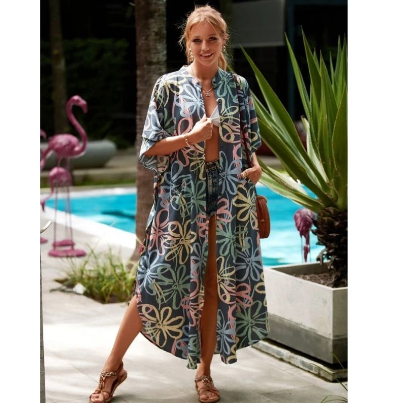 Moomoo Dresses for Women, Plus Size Ethnic Print Kaftan Dress, Mrs Roper Bubu Mumu Boho V Neck 3 Quarter Sleeve Tunic