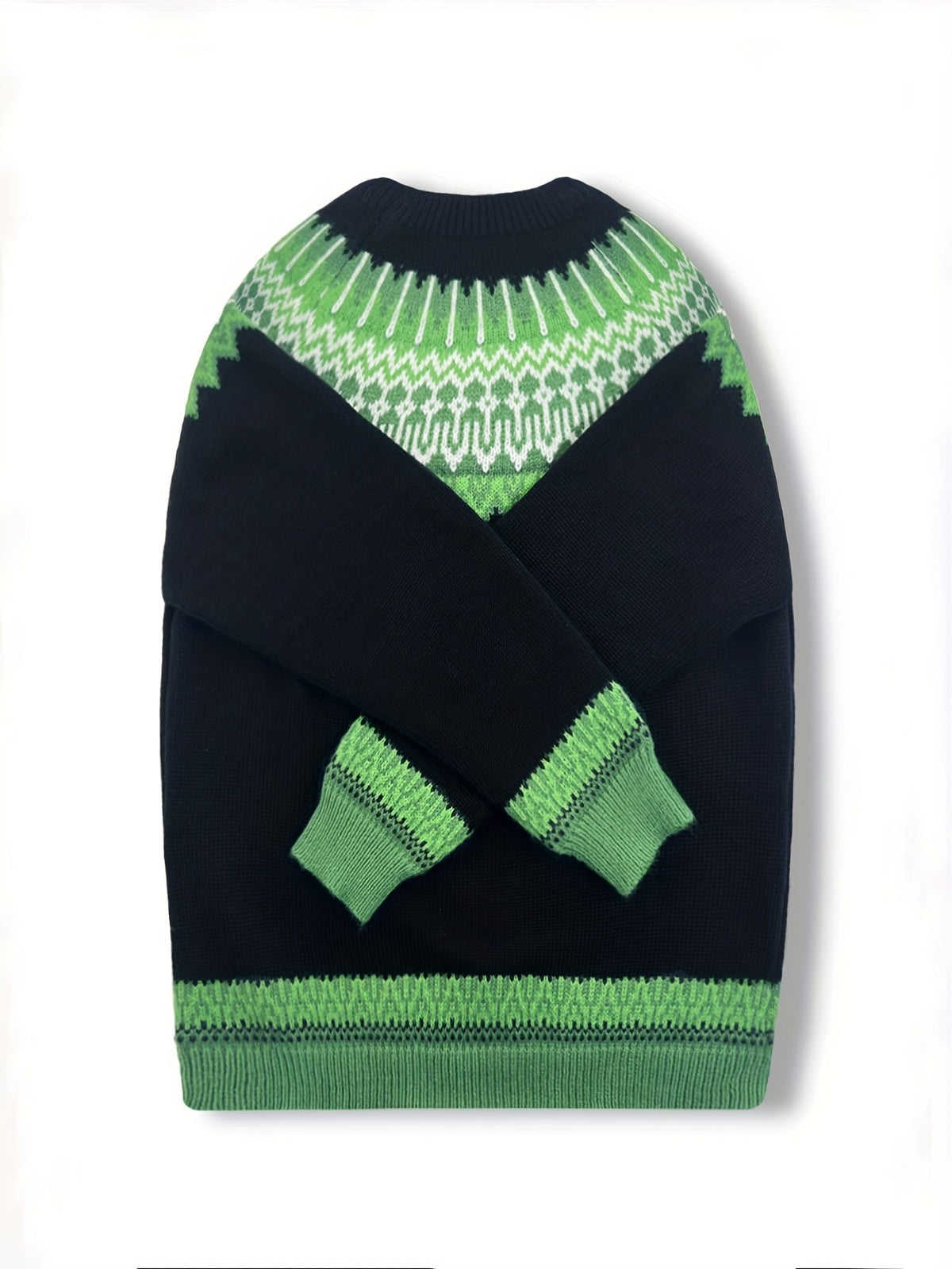 Chunky Jacquard Knit Sweater with Round Neck and Ribbed Cuffs, Hip Length