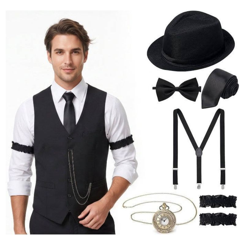 Mens 1920s Gatsby Costume, Roaring 20s Outfit, Vintage Vest and Hat Accessories
