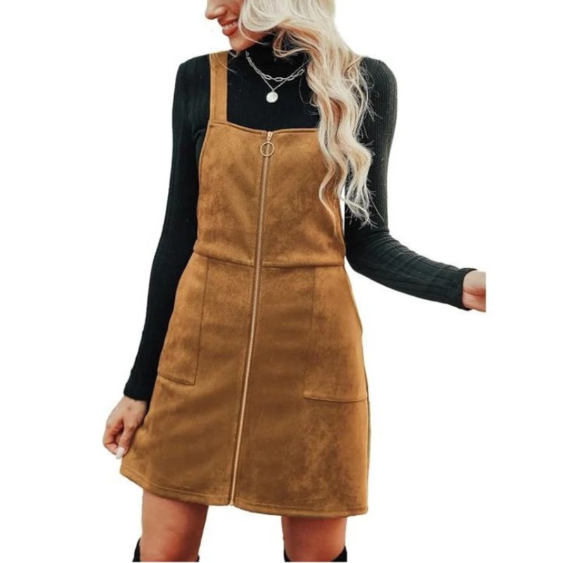Womens Faux Suede Mini Fall Dress, Square Neck Wide Strap Casual Autumn Dress with Front Pockets