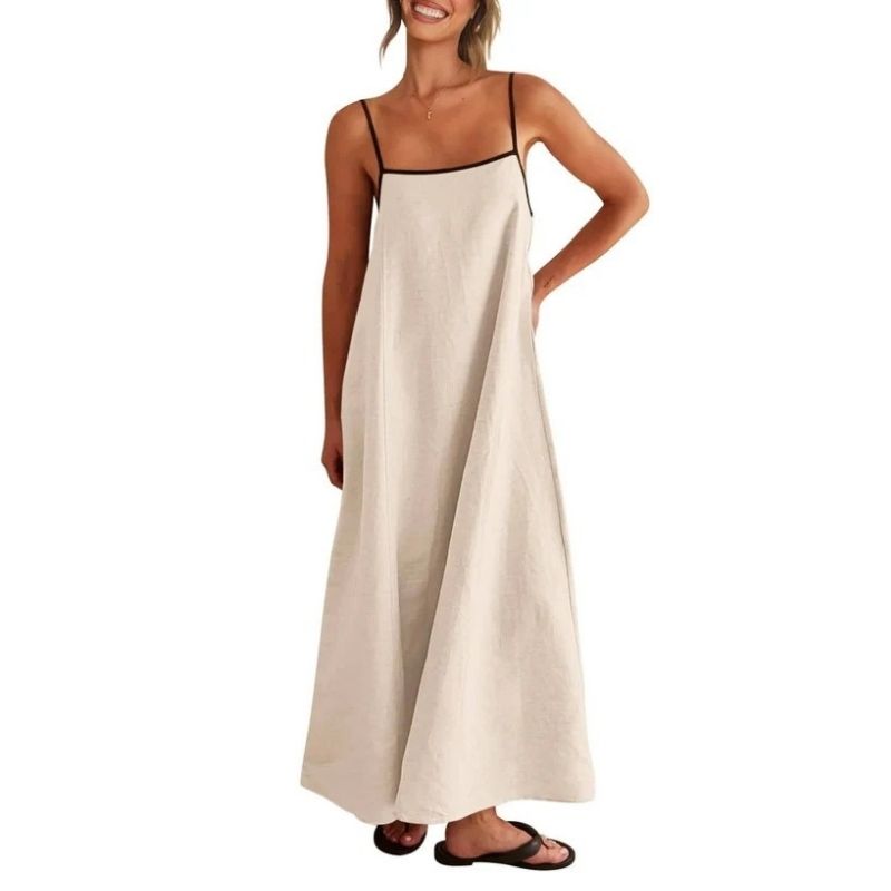 Womens Linen Maxi Dress, Contrast Spaghetti Strap Backless Summer Beach Dress