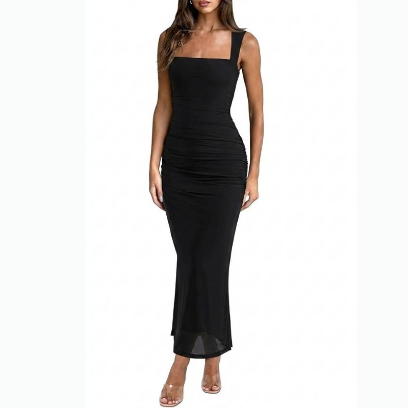 Womens Wedding Guest Maxi Dress, Sleeveless Square Neck Mesh Ruched Bodycon Dress