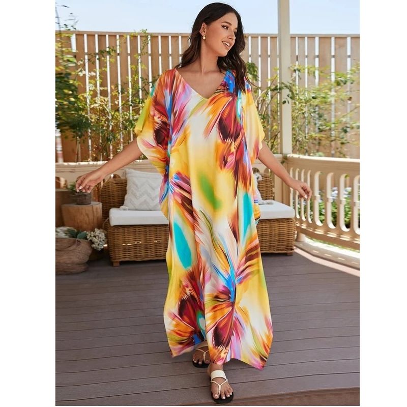 Moomoo Dresses for Women, Plus Size Loose Fit Moroccan Print V Neck Batwing Kaftan Beach Dress