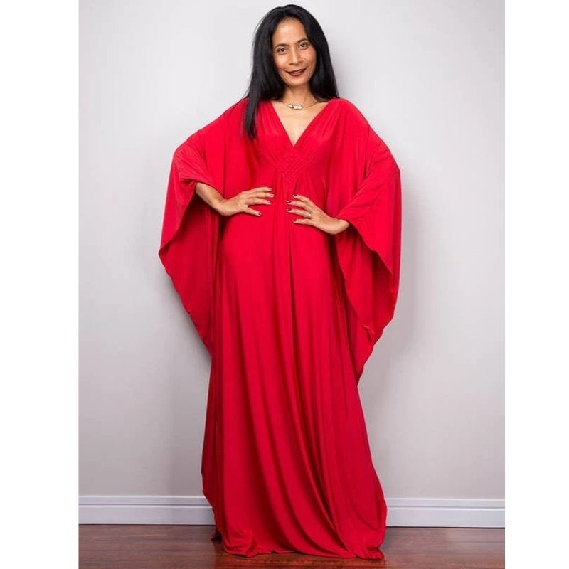 Moomoo Dresses for Women, Plus Size V Neck Long Batwing Sleeve Floral Beach Cover Up Dress