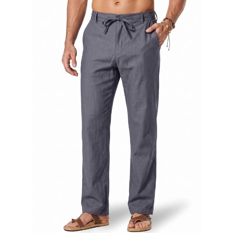 Mens Cotton Linen Pants, Relaxed Fit Drawstring Beach Summer Dress Trousers