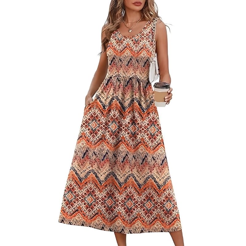 Womens Flowy Midi Dress, Casual Beach Vacation Sundress with Pockets