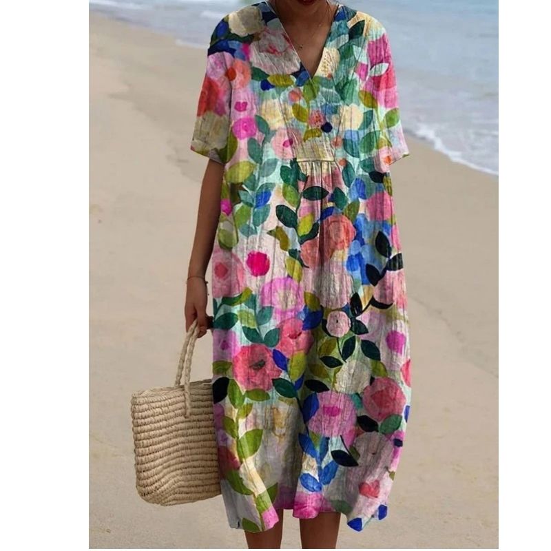 Womens Cotton Maxi Dress, Floral V Neck Short Sleeve Oversized Casual Midi Dress