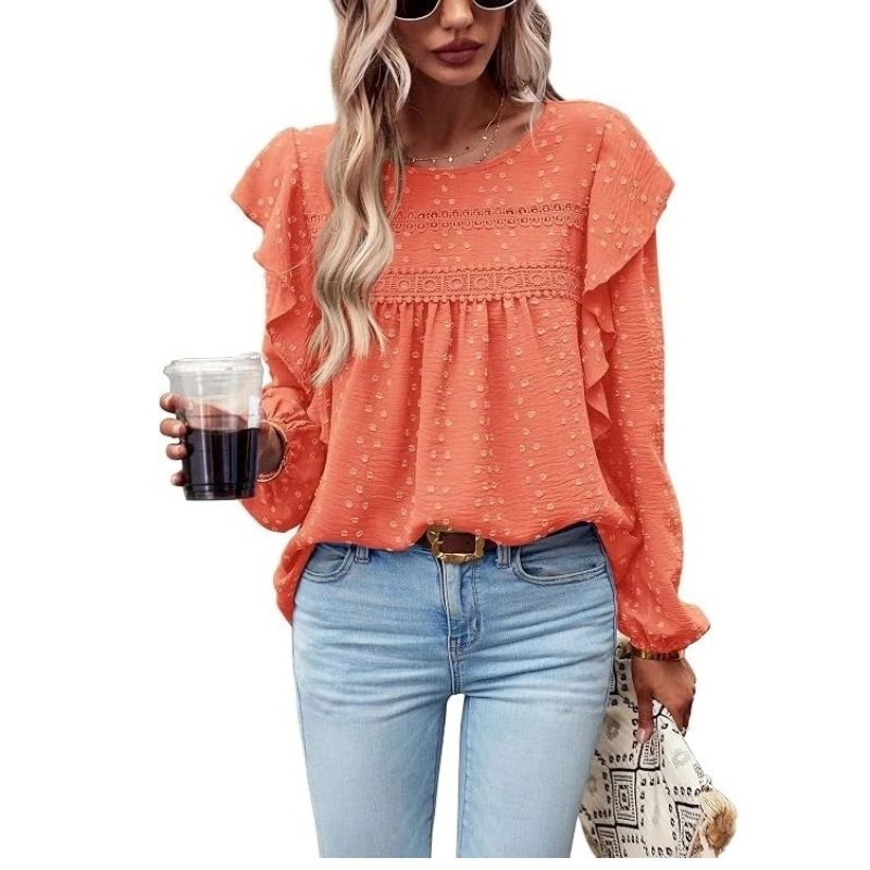 Womens Long Sleeve Shirts, Ruffle Swiss Dot Crochet Loose Fit Tunic, Dressy Casual Tops Blouse, Spring Fashion