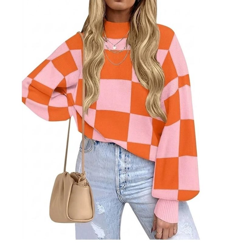 Womens Checkerboard Turtleneck Sweater - Ribbed Knit Loose Fit Pullover