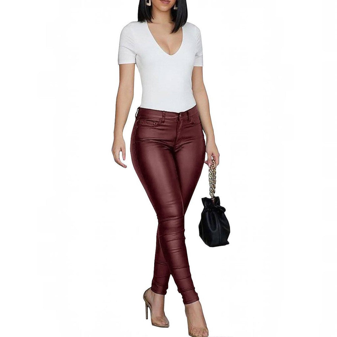 Womens Leather Pants, High Waist Skinny Thermal Lined Leggings, Casual Slim Fit Trousers