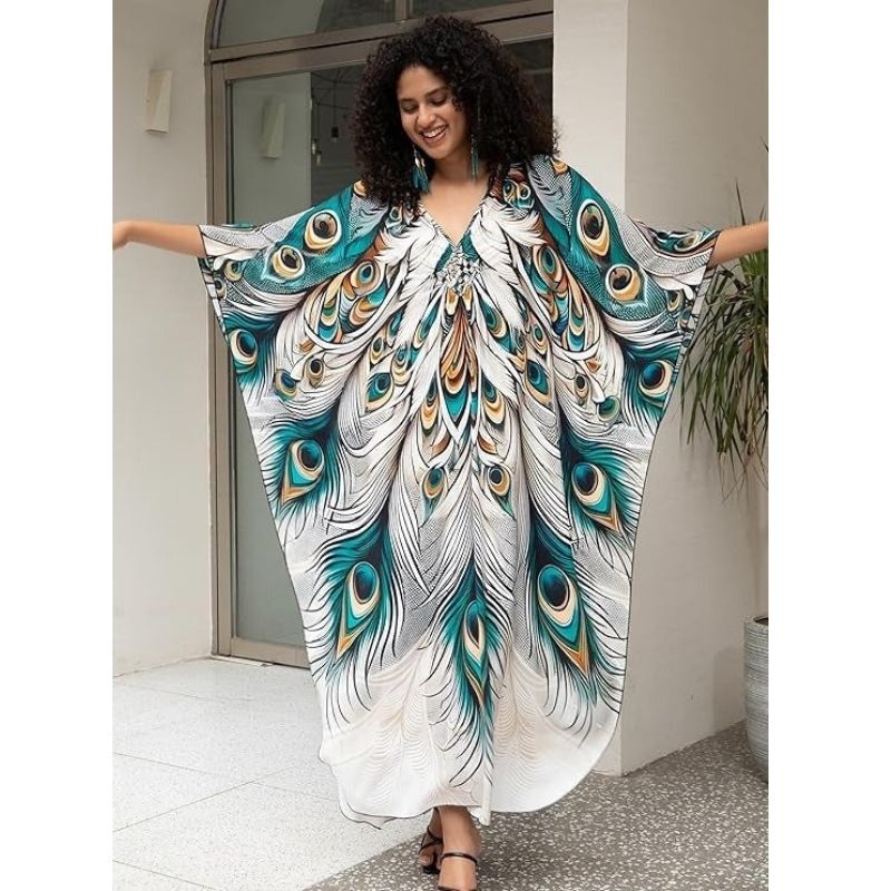 Moomoo Dresses for Women, Plus Size Hawaiian Batwing Sleeve Kaftan Beach Cover Up Dress