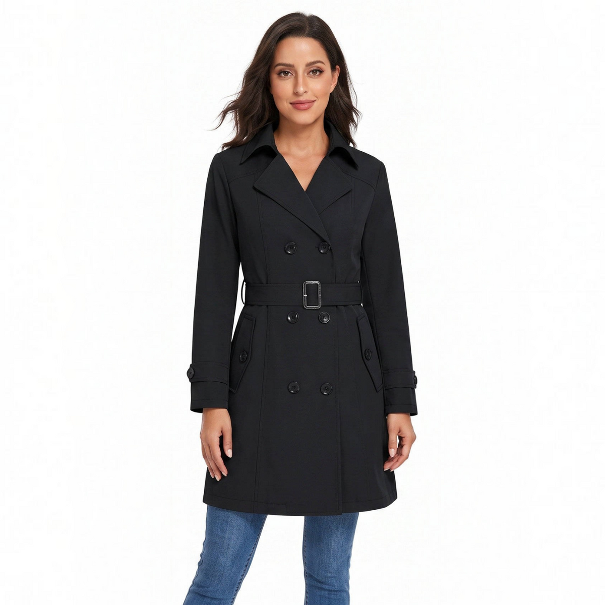 Womens Trench Coat, Classic Lapel, Belted Outerwear